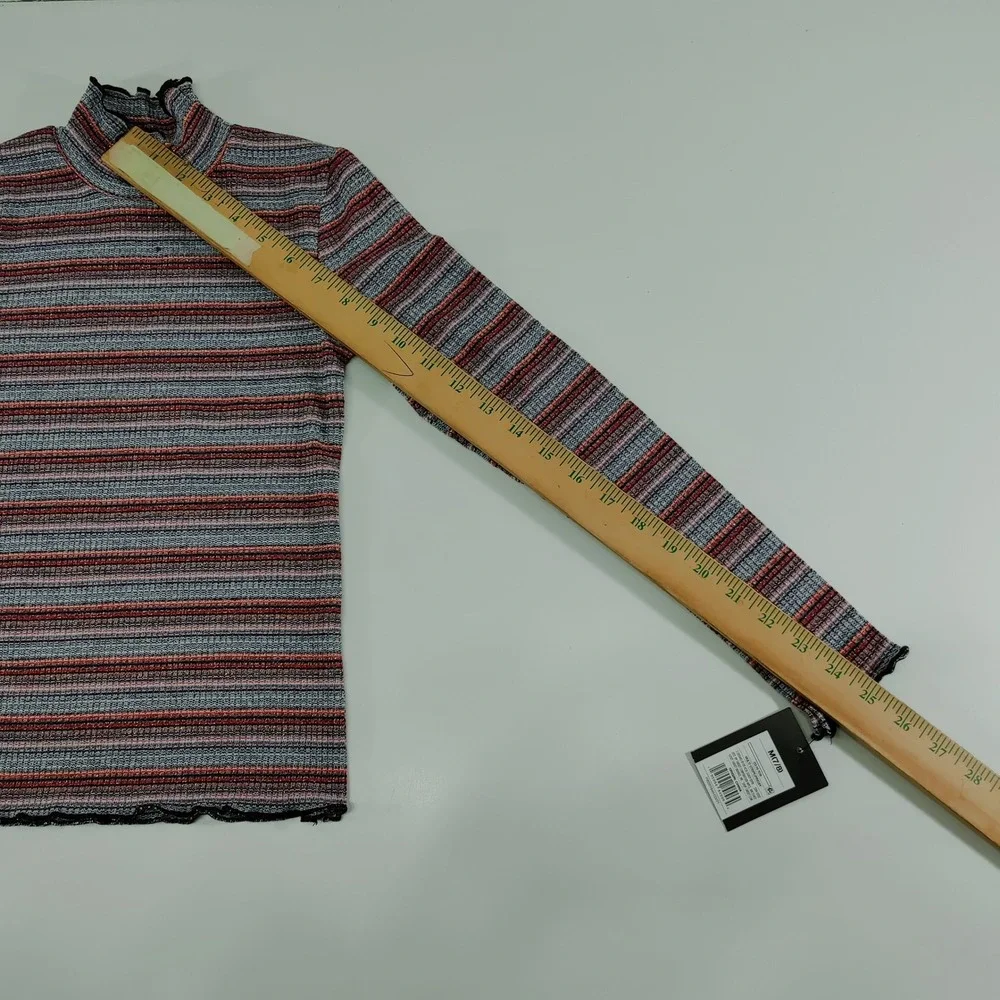 Art Class Striped Mock Neck Long Sleeve Top Girls Size‎ M 7 8 Red Gray Metallic
